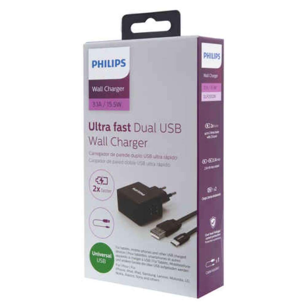 CARGADOR DE PARED DOBLE USB CON CABLE PHILIPS DLP2502M 