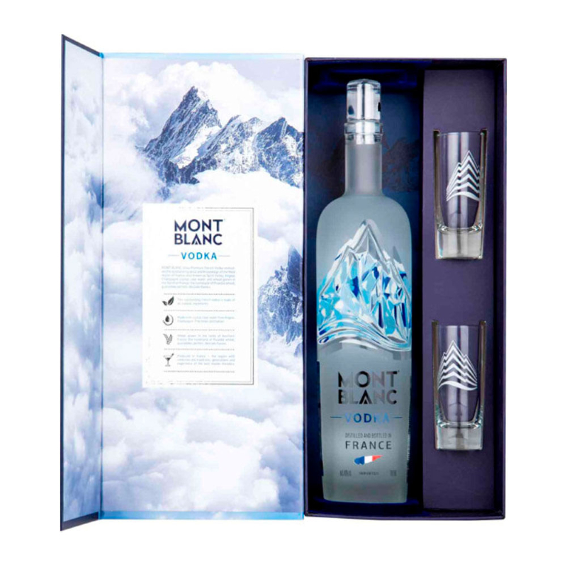 MONT BLANC VODKA FRANCES 750 ML ESTUCHE Y DOS VASOS